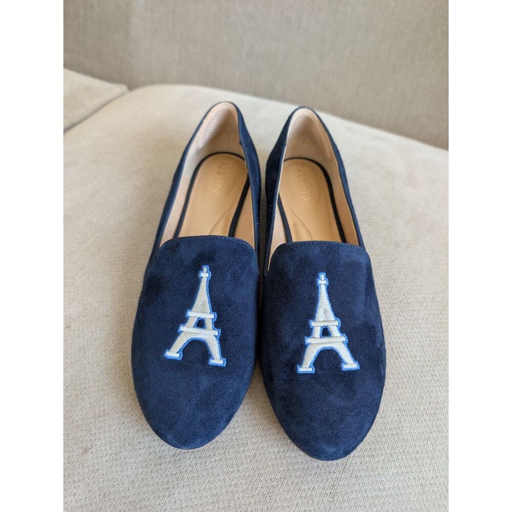 Talbots Navy Blue Suede Eiffel Tower Loafers Embroidered Size 9.5 Flats